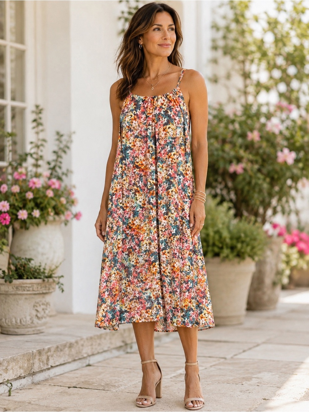 • Cynthia Rowley Multicolor Floral Maxi Dress Size 10 Flowy Rayon Spaghetti Stra